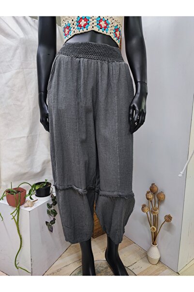 Sosyete Kaplumbağa Organic Cotton Linen Baggy Trousers with Pockets and Ripped Leg Detail