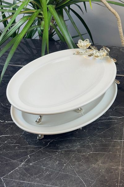 MAY HOME Set of 2 Porcelain Oval Appetizer Salad Plates with Turquoise Metal Legs