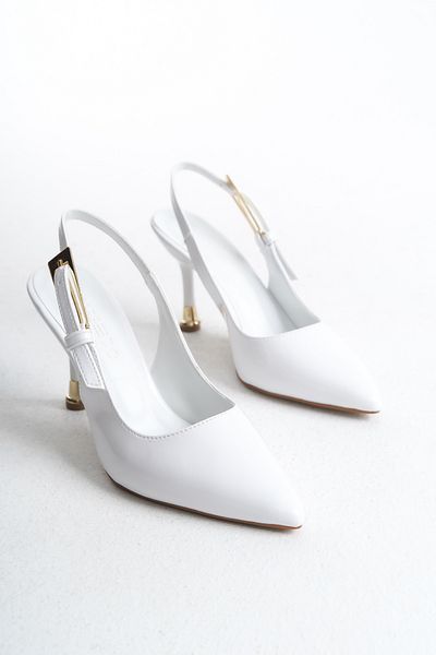 MARSEDO White Faye Stiletto - Casual Shoes with Pointed Toe, Open Back, Thin Heel and Buckle Detail