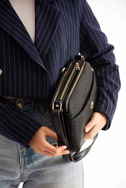 Morpelikan Women's Black Mosaic Shoulder Bag with Adjustable Cross Strap, 4 Compartments and Metal Zipper