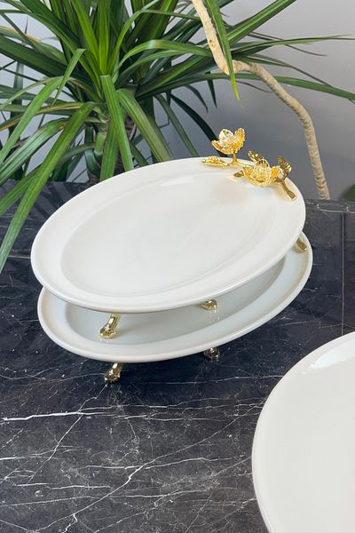 MAY HOME Set of 2 Porcelain Oval Appetizer Salad Plates with Turquoise Metal Legs
