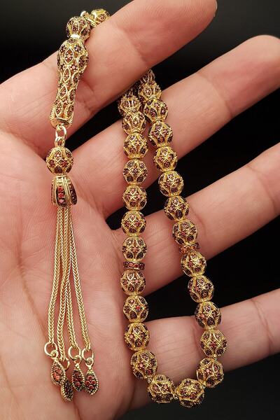 OTTOTESBİH Altın Kaplama Kırmızı Zirkon Taş Işlemeli 45 gr Tamamı 925 Ayar Gümüş Tespih