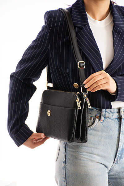 Morpelikan Women's Black Mosaic Shoulder Bag with Adjustable Cross Strap, 4 Compartments and Metal Zipper