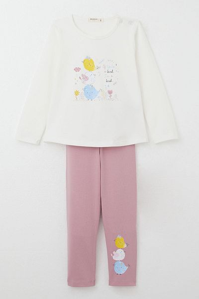 Breeze 1.5-5 Years Old Girl's Cute and Bird Printed Ecru Tights Set