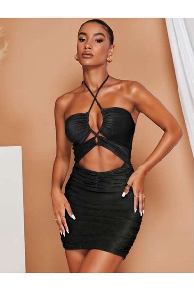 Bleu Petite Rochie de seara cu sclipici cu bretele incrucisate