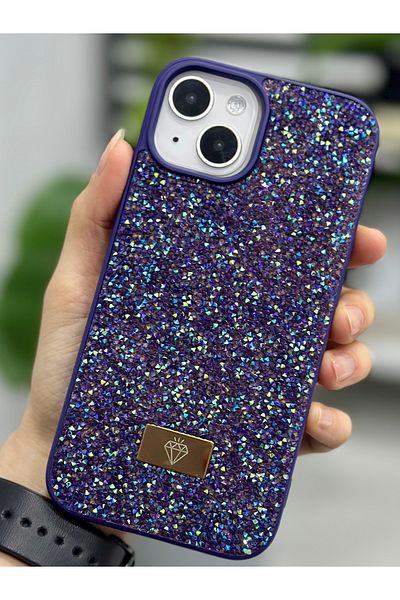 Go Aksesuar حافظة سيليكون متوافقة مع هاتف Iphone 13 - 14 و15 بتصميم الماس والأحجار الكريمة المضيئة والماس