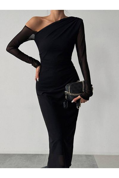 WoolnClyde Black Polka Dot Midi Evening Dress - Sheer Tulle Sleeves, Lined and Draped Shoulder