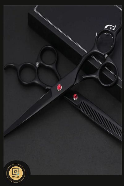 QNİAY 6-Piece Black-Red Rhinestone Ultra Professional 6-Inch with Leather Case Barber Hairdresser Hair Beard Scissors Set