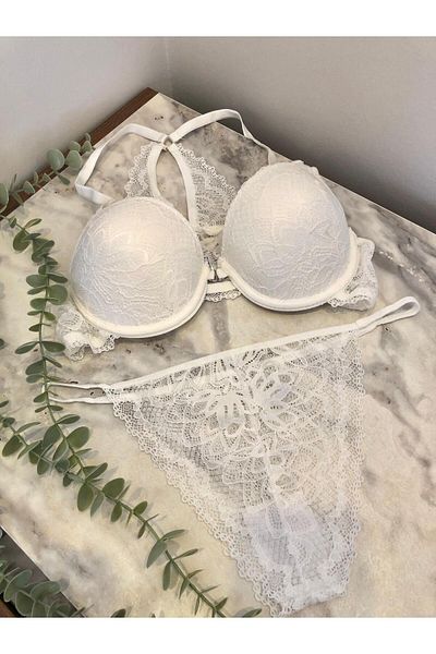 dorsha Women's Semi-Supported White Front Opening Detail Bra and Panty Set
