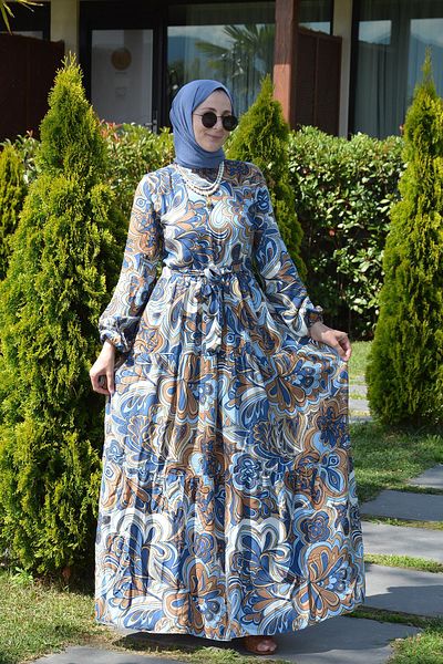 KÜBRA BİRİKTİR Bahamra Blue Patterned Dress