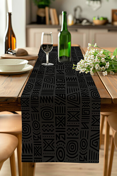 ALAMODECOR Μαύρο και γκρι χρώμα Αφρικανικό τραπεζομάντιλο με έθνικ μποέμ μοτί...