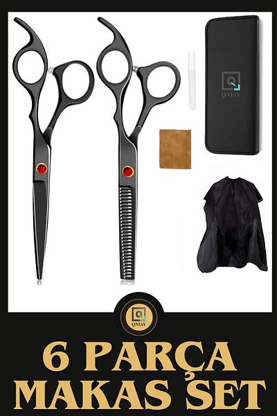 QNİAY 6-Piece Black-Red Rhinestone Ultra Professional 6-Inch with Leather Case Barber Hairdresser Hair Beard Scissors Set