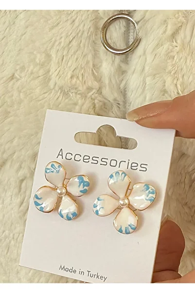 takıtarzım Women's Flower Earrings with Mvi Pattern Pearls