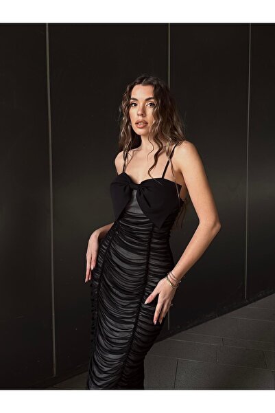 conconmoda Laziyo Tül Drapeli Likralı Astarlı Kurdele Detay Askılı Elbise