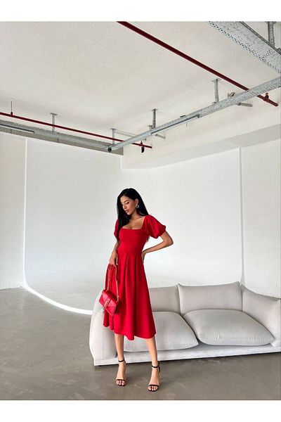 WoolnClyde Women's Red Square Neck A-Line Fit Short Balloon Sleeves Pleated Midi Evening Dress