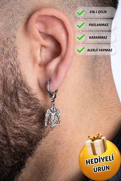 Piercing Market Steel & Silver Men's Steel Ring Dangle Earrings Rust No Darkening