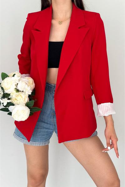 SUXİRCNHTMTS Double Breasted Collar Stripe Patterned Buttonless Blazer Jacket