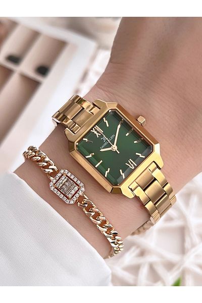 Daniel Klein Green Tar Square Model Women's Wristwatch - 24 Months Warranty, 30 Mt Water Resistant, Steel Cord Bracelet