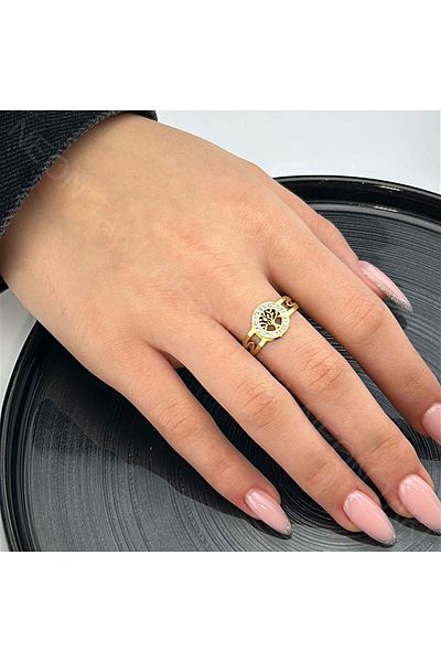Neon Takı by Atalay Sensitivity Sticker and Xxx Tree of Life, Zikon Stone, Stainless Steel Ring 34 Gold Color Adjustable