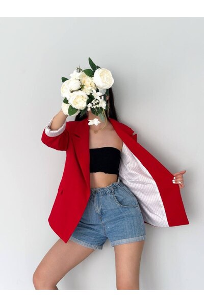 SUXİRCNHTMTS Double Breasted Collar Stripe Patterned Buttonless Blazer Jacket