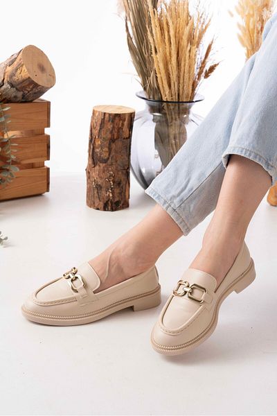 MIENCA Women's Loafer Gold Color Square Buckle Beige Lightweight Stylish Casual Shoes