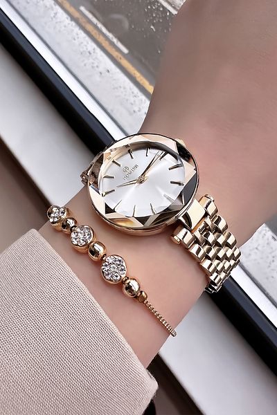Homies Waterproof Gold Color Women's Wristwatch - Cutout Glass, Steel Band and Bracelet Hmb3013C1