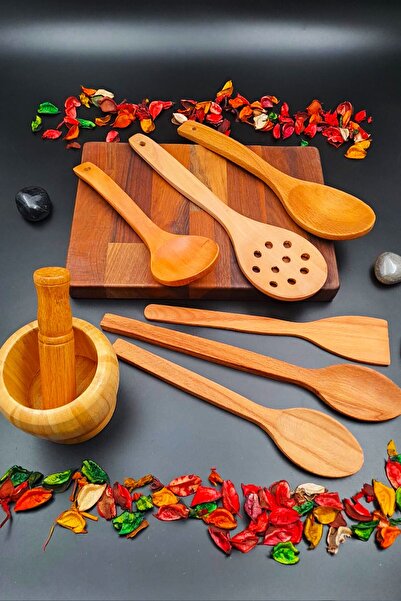 SWENCRAFT Natural Wood Kitchen Serving Spoon Colander Spatula Ladle Canister Set of 8 Handcrafted Dowry Set