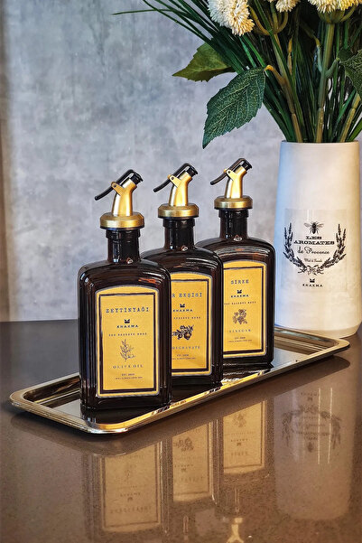 KHAKMA Gold Çelik Stantlı Amber Zeytinyağı Nar Ekşisi Sirke Şişesi Yağdanlık 3lü Set Goldçelikcb3