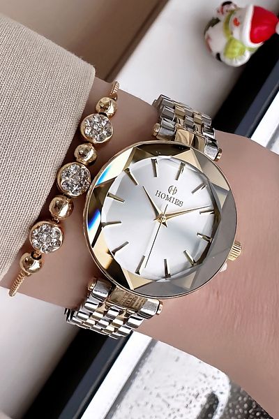 Homies Women's Wrist Watch - Waterproof, Glass Cutting, Gold Silver Color, Steel Band + Bracelet Hmb3013C2