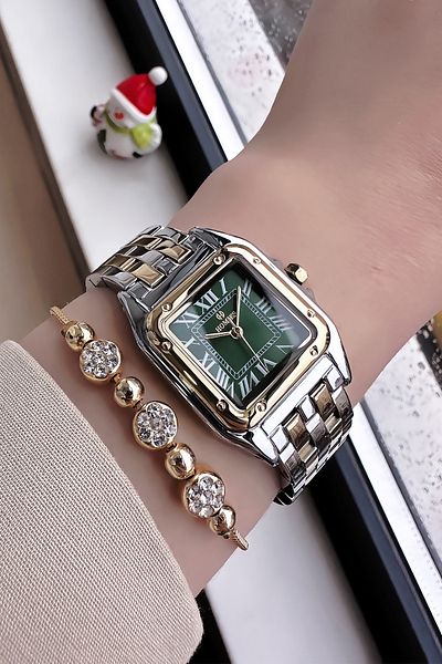 Homies Gold Silver Color Waterproof Women Wristwatch - Square Case, Steel Band + Bracelet Hmb3017C1