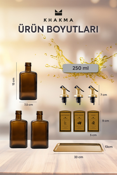 KHAKMA Gold Çelik Stantlı Amber Zeytinyağı Nar Ekşisi Sirke Şişesi Yağdanlık 3lü Set Goldçelikcb3