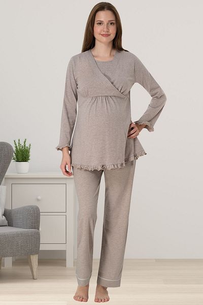 ByLohusa Pregnant Maternity Pajama Set with Effortt Beige Dressing Gown