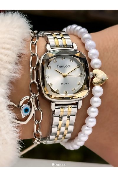Ferrucci 25*25mm Silver Yellow Color Steel Band Cutout Glass Stone Women's Wristwatch and Heart Bracelets