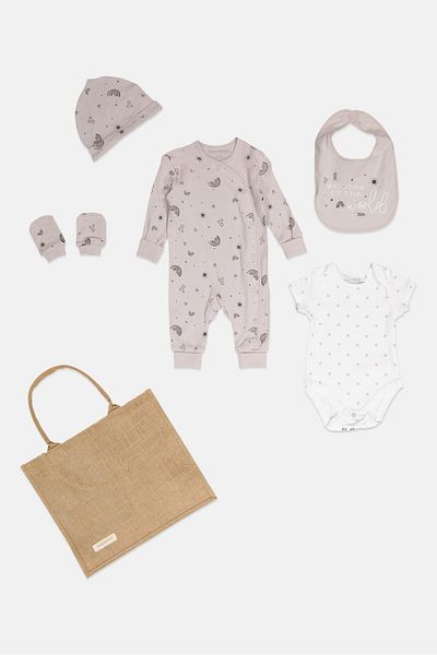 Home Grown Baby 6 Pieces Toddlers Girl Hanging Gift With Bag Set, Taupe