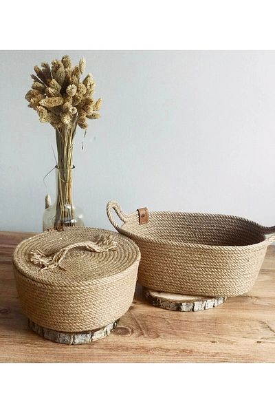 Hediyeninellitonu Multi-Purpose Wicker Basket 2-Piece Organizer Round Lid and Oval Basket Set