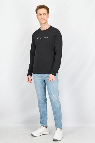 French Connection Men Crew Neck Long Sleeves Embroidered T-Shirt, Black
