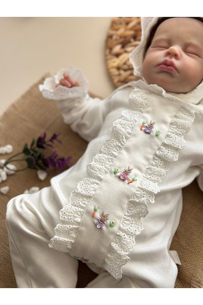 Mama Miel Baby Carrot Rabbit Series 2 - Scalloped Collar Jumpsuit and Hat, Hand Embroidered