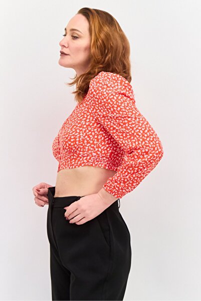 Monki Women V Neck Long Sleeve Floral Print Blouse, Orange