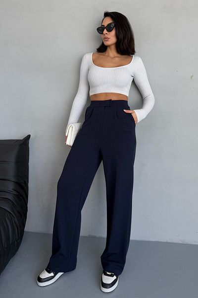 moda armanc Women's High Waist Velcro Closure Lycra Navy Blue Palazzo Trousers - Daily Comfortable Fit