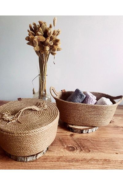 Hediyeninellitonu Multi-Purpose Wicker Basket 2-Piece Organizer Round Lid and Oval Basket Set