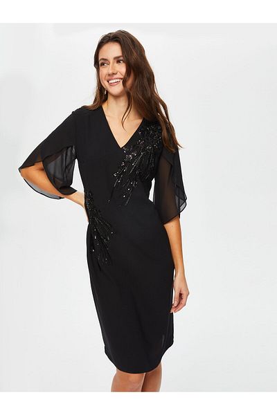 Faik Sönmez Stone and Bead Embellished Chiffon Sleeves V-Neck Evening Dress 017