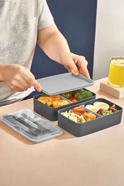 MasterCar Enjoy Gri 2 Katlı Yemek Saklama Kabı Beslenme Kutusu Seti Sporcu Diyet Öğrenci Okul Sefer Tası