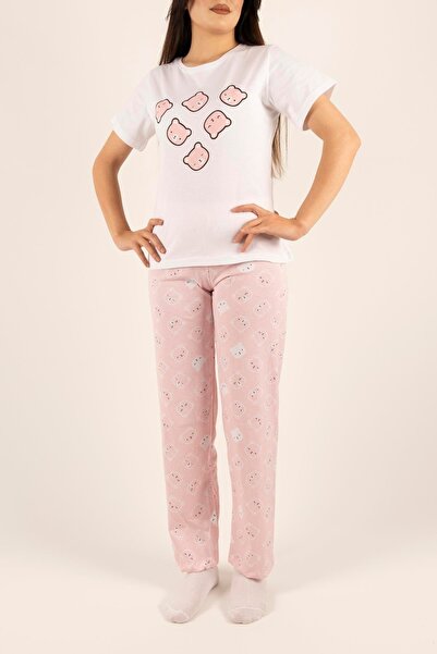 Laviera طقم بيجامة نسائي وردي اللون، طباعة تيدي بير