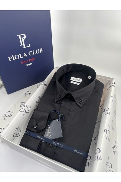 Piola Club Мъжка риза Slim Fit с яка с копчета и ниски гънки от сатен (черна)