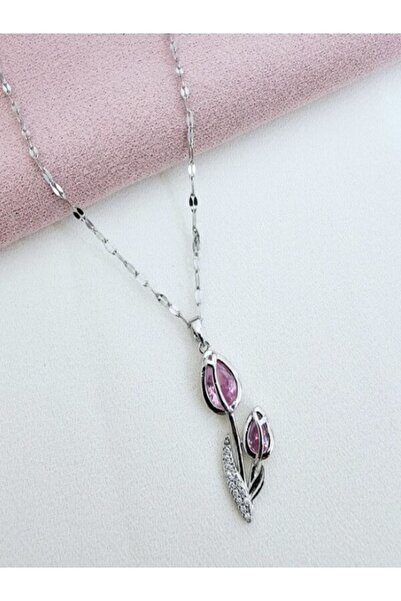 CADI BOUTİQUE Çelik Pembe Lale Modelli Kolye