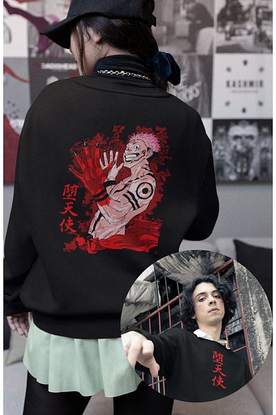 Fuddy Moda Unisex Sukuna Red Back Printed Hoodless Sweatshirt, Oversize Anime Jujutsu Kaisen Sweatshirt