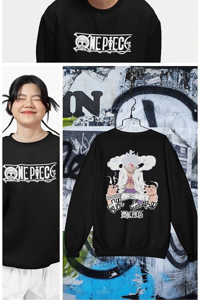 Fuddy Moda Unisex Oversize One Piece Luffy Back Printed Crew Neck Hoodless Anime Sweatshirt