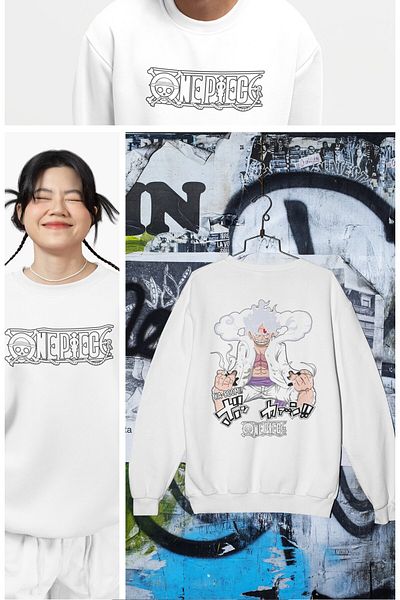 Fuddy Moda Unisex Oversize One Piece Luffy Back Printed Crew Neck Hoodless Anime Sweatshirt