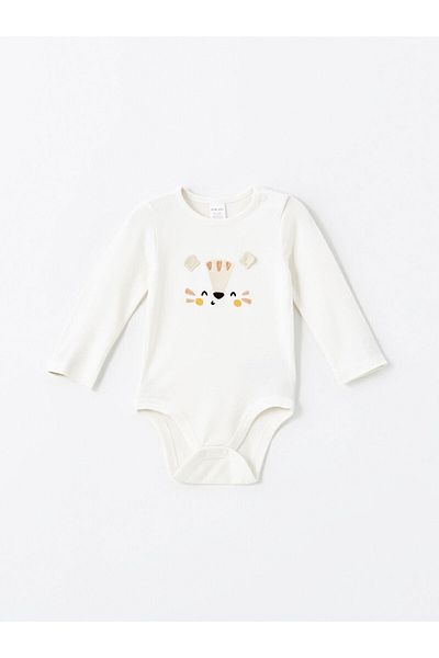LC Waikiki Lcw Baby - Ecru Crew Neck Printed Snap Fastener Bodysuit and Leggings for Baby Boy Set of 2