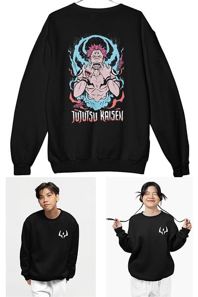 Fuddy Moda Unisex Jujutsu Kaisen Written Back Printed Hoodless Sweatshirt, Oversize Anime Sukuna Sweatshirt